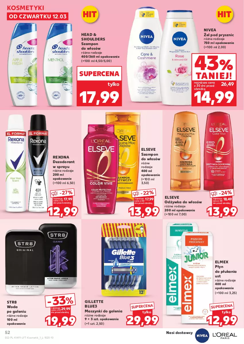 Gazetka promocyjna Kaufland - Gazetka tygodnia - ważna 12.03 do 18.03.2026 - strona 52 - produkty: Dezodorant, Elmex, Elseve, Gillette, Nivea, Odżywka, Płyn do płukania, Rexona, Str8, Szampon, Woda, Woda po goleniu