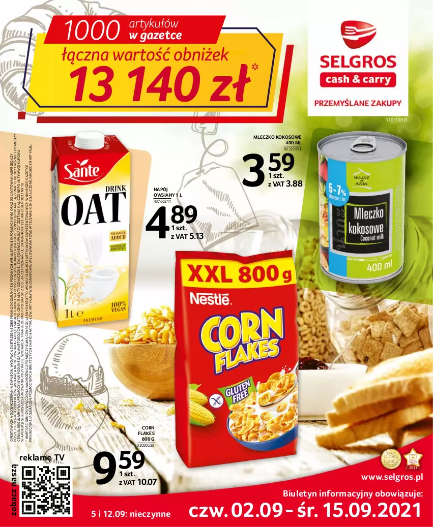 Gazetka promocyjna Selgros - Oferta spożywcza - ważna 02.09 do 15.09.2021 - strona 1 - produkty: Corn flakes, Fa, Kokos, LG, Mleczko, Napój, Tran