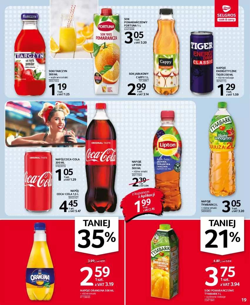 Gazetka promocyjna Selgros - Oferta spożywcza - ważna 02.09 do 15.09.2021 - strona 19 - produkty: Cappy, Coca-Cola, Fortuna, Gin, Lipton, Napój, Napoje, Sok, Sok jabłkowy, Sok pomarańczowy, Tiger, Tymbark