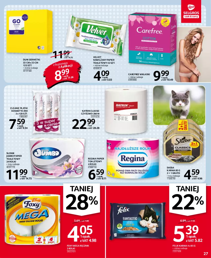 Gazetka promocyjna Selgros - Oferta spożywcza - ważna 02.09 do 15.09.2021 - strona 27 - produkty: Carefree, Cleanic, Felix, Foxy, Gin, Gra, Nawilżany papier, Papier, Papier toaletowy, Płatki kosmetyczne, Ręcznik, Rolki, Ser, Serwetki, Sheba, Velvet, Wkładki