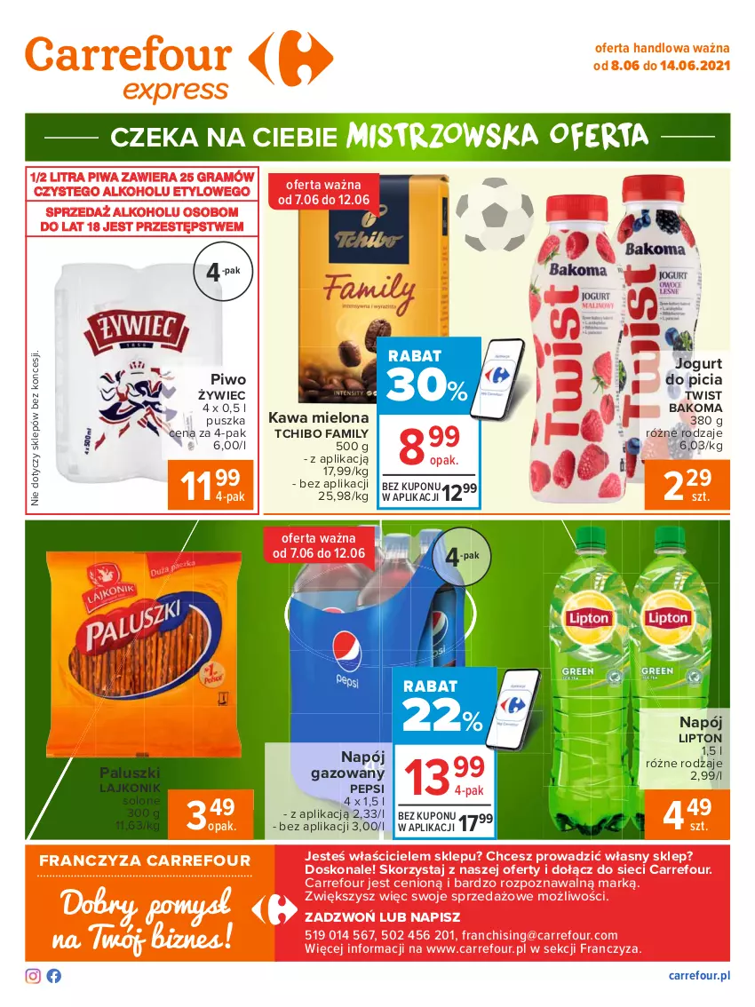 Gazetka promocyjna Carrefour - Gazetka Express - ważna 07.06 do 14.06.2021 - strona 2 - produkty: Bakoma, Fa, Gra, Jogurt, Kawa, Kawa mielona, Lajkonik, Lipton, Napój, Napój gazowany, Pepsi, Piwa, Piwo, Tchibo, Tchibo Family