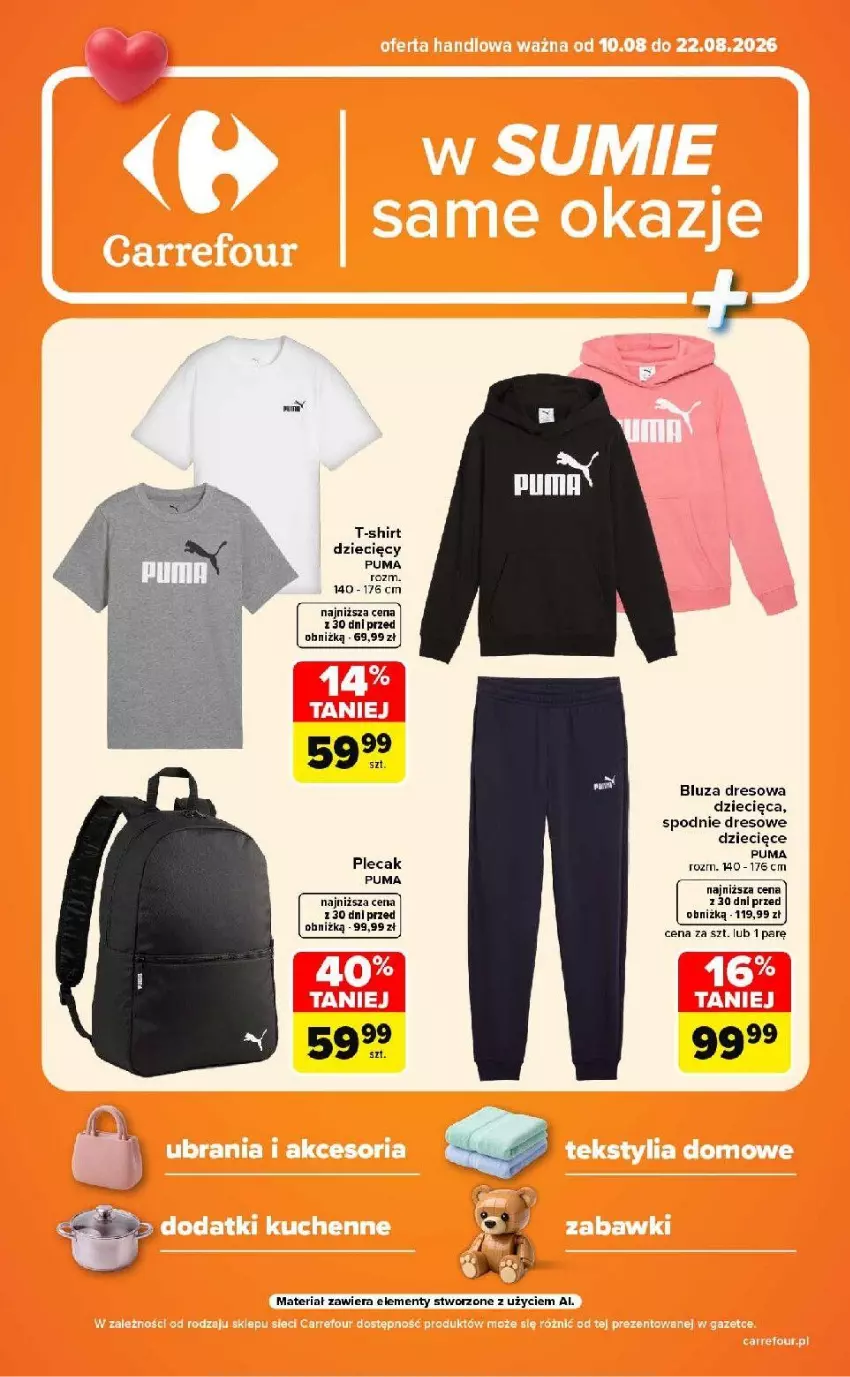 Gazetka promocyjna Carrefour - Gazetka Carrefour w SUMIE same okazje - ważna 10.08 do 22.08.2026 - strona 1 - produkty: Bluza, Bluza dresowa, Dres, Dzieci, Plecak, Puma, Spodnie, Spodnie dresowe, T-shirt
