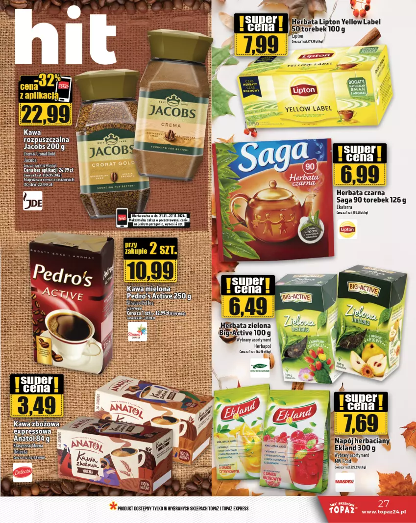 Gazetka promocyjna Topaz - Gazetka - ważna 21.11 do 27.11.2024 - strona 27 - produkty: Herbapol, Herbata, Herbata czarna, Jacobs, Kawa, Lipton, Napój, Saga, Top