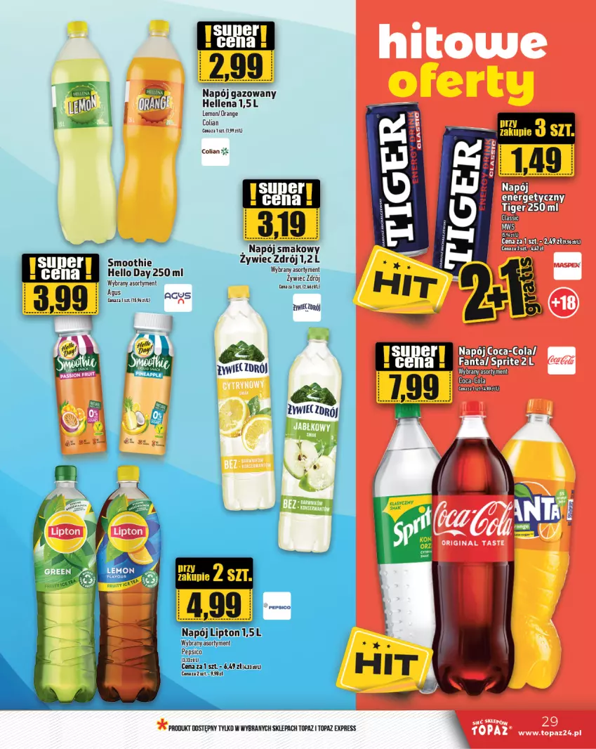 Gazetka promocyjna Topaz - Gazetka - ważna 21.11 do 27.11.2024 - strona 29 - produkty: Fa, Fanta, Gin, Hellena, Lipton, Napój, Pepsi, Smoothie, Sprite, Top