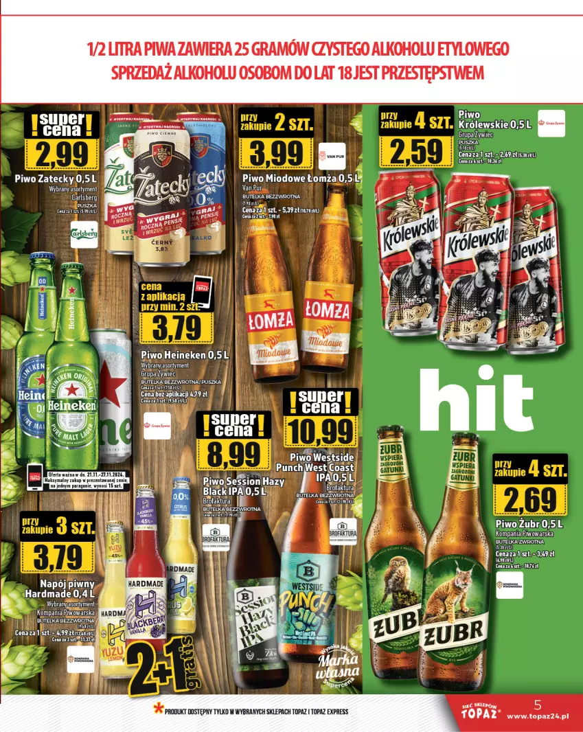 Gazetka promocyjna Topaz - Gazetka - ważna 21.11 do 27.11.2024 - strona 5 - produkty: Carlsberg, Gra, Heineken, Królewski, Lack, Piwa, Piwo, Pur, Top