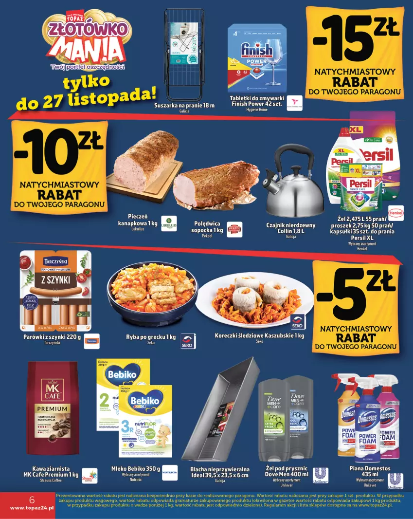 Gazetka promocyjna Topaz - Gazetka - ważna 21.11 do 27.11.2024 - strona 6 - produkty: Bebiko, Czajnik, Domestos, Dove, Finish, Kawa, Kawa ziarnista, Koreczki śledziowe, Mleko, Parówki, Polędwica, Ryba, Suszarka, Suszarka na pranie, Tablet, Tabletki do zmywarki, Tarczyński, Top, Zlew, Zmywarki