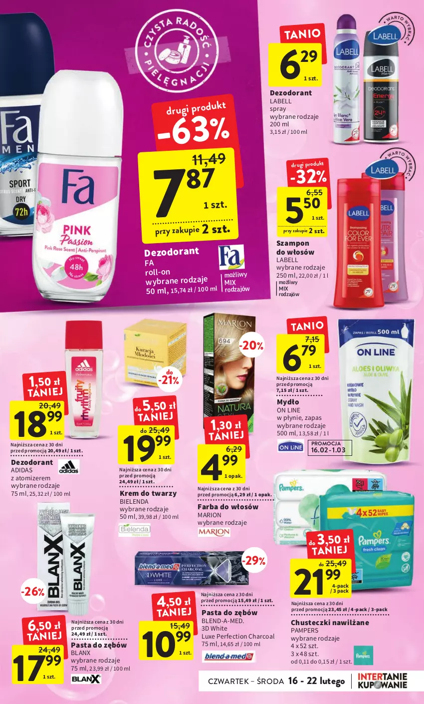 Gazetka promocyjna Intermarche - Gazetka Intermarche - ważna 16.02 do 22.02.2023 - strona 35 - produkty: Adidas, Bell, Bielenda, Blend-a-Med, Chusteczki, Dezodorant, Fa, Farba do włosów, Krem do twarzy, Mydło, Pampers, Pasta do zębów, Szampon