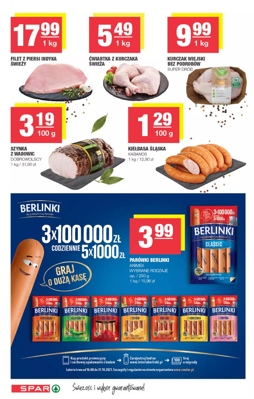 Gazetka promocyjna Spar - Eurospar - ważna 01.09 do 07.09.2021 - strona 8 - produkty: Berlinki, Filet z piersi indyka, Gra, Kabanos, Kiełbasa, Kurczak, Mola, Parówki, Szynka