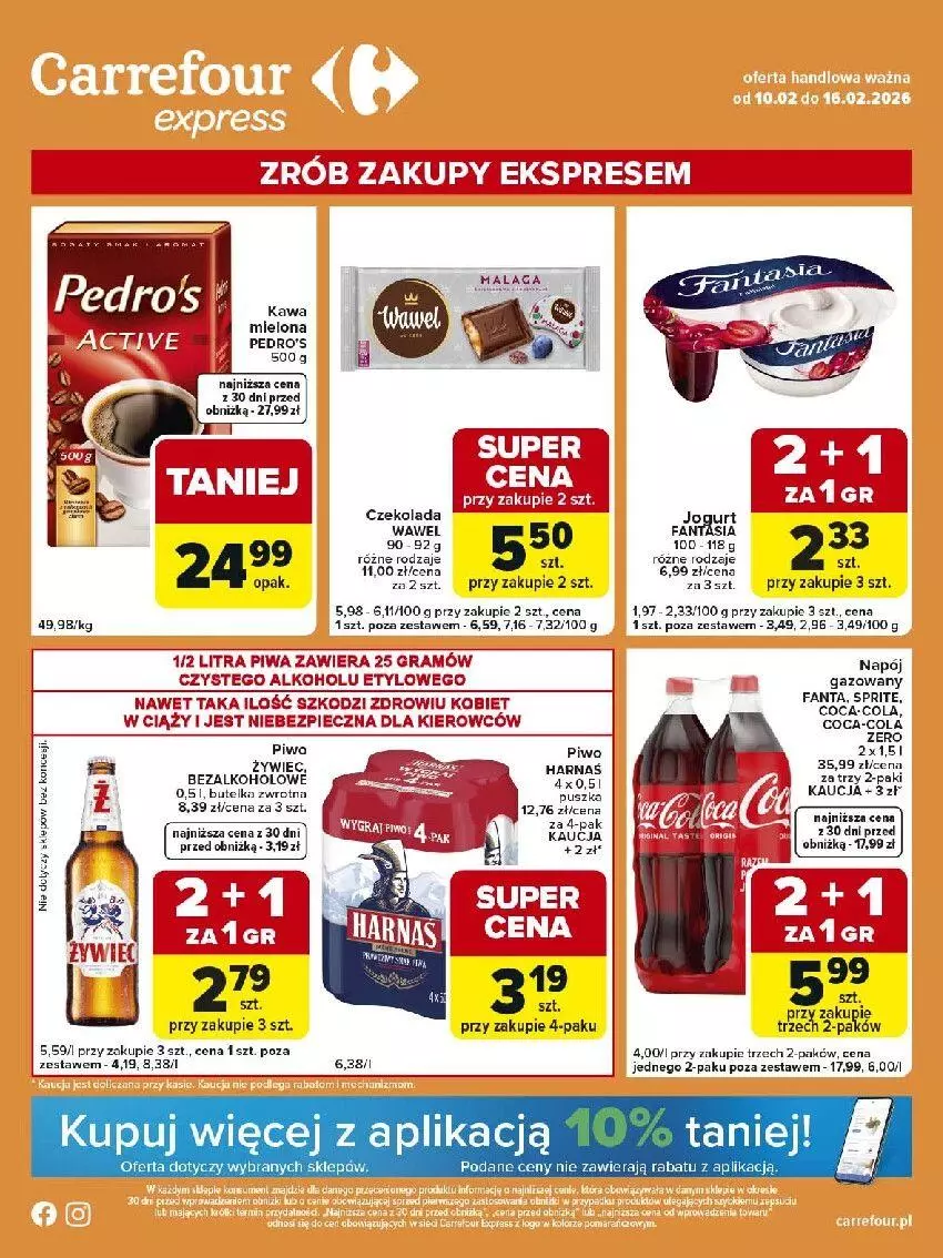 Gazetka promocyjna Carrefour - Gazetka Express - ważna 10.02 do 16.02.2026 - strona 1 - produkty: Coca-Cola, Czekolada, Fa, Fanta, Gra, Harnaś, Jogurt, Kawa, Kawa mielona, Napój, Napój gazowany, Piec, Piwa, Sprite, Wawel