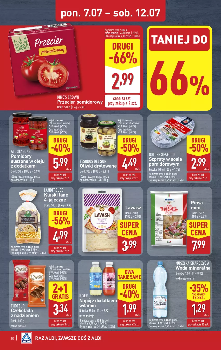Gazetka promocyjna Aldi - Pełna oferta - ważna 07.07 do 12.07.2025 - strona 10 - produkty: All Seasons, Czekolada, Golden Seafood, Gra, Mus, Napój, Olej, Oliwki, Pomidory, Sos, Szprot, Szyna, Woda, Woda mineralna