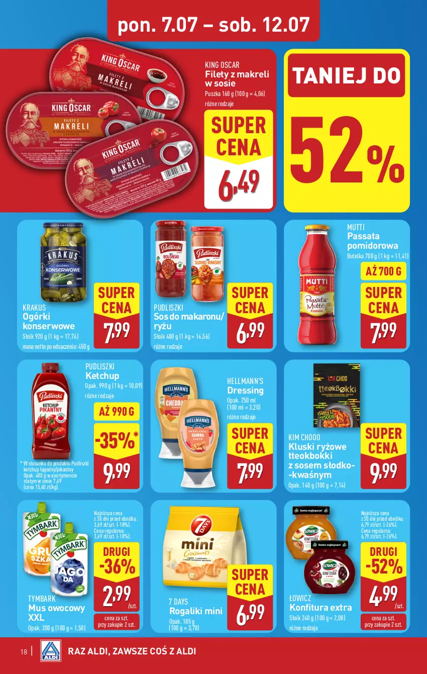 Gazetka promocyjna Aldi - Pełna oferta - ważna 07.07 do 12.07.2025 - strona 18 - produkty: 7 Days, Dres, Ketchup, Konfitura, Krakus, Makaron, Mus, Ogórki konserwowe, Pudliszki, Rogal, Ryż, Ser, Sos, Sos do makaronu, Tymbark