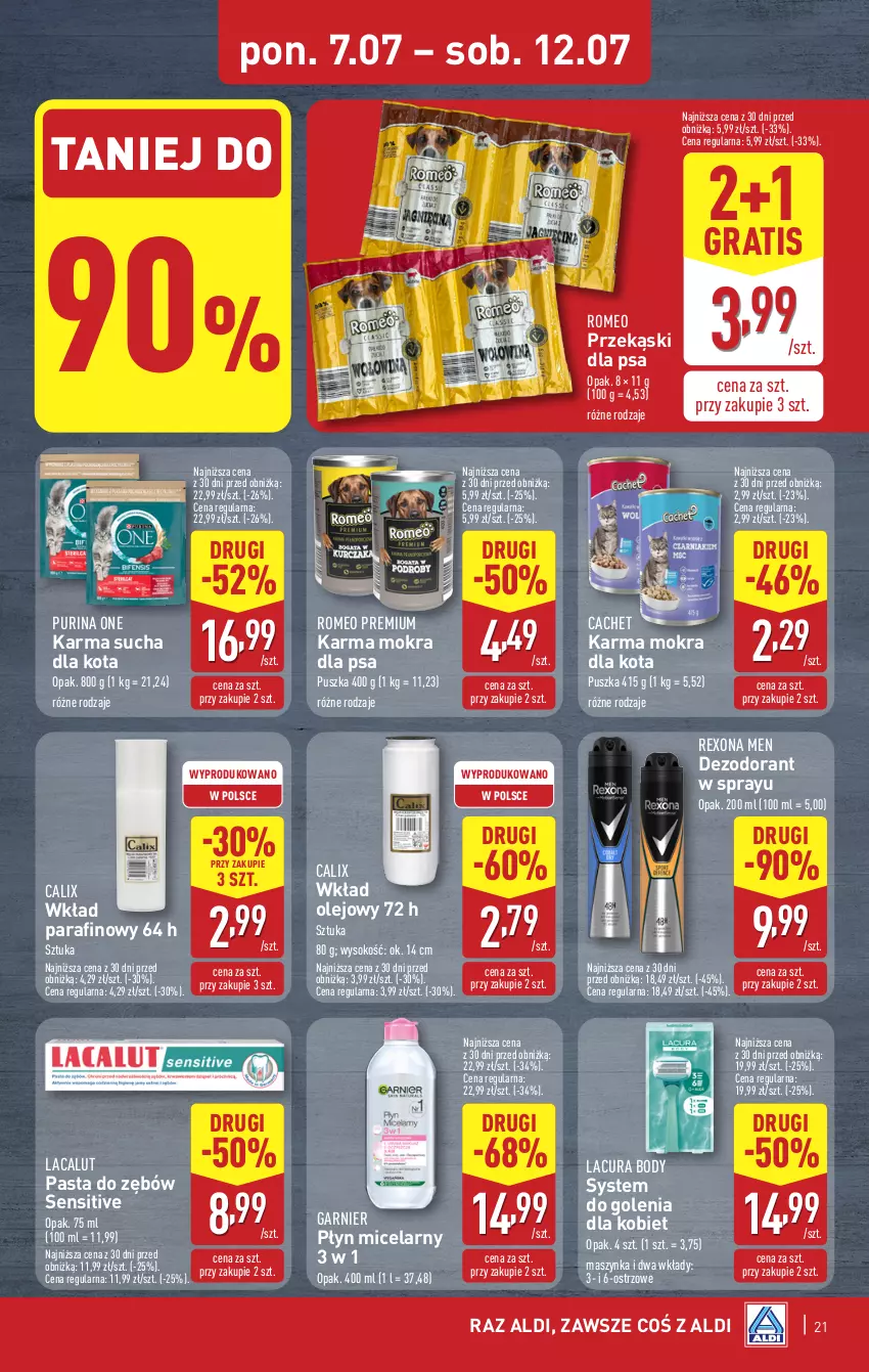 Gazetka promocyjna Aldi - Pełna oferta - ważna 07.07 do 12.07.2025 - strona 21 - produkty: Body, Dezodorant, Garnier, Gra, Lacalut, Maszynka, Olej, Pasta do zębów, Płyn micelarny, Przekąski dla psa, Pur, Purina, Rexona, Sok, Szynka, Wkład olejowy