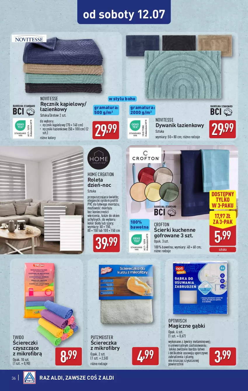Gazetka promocyjna Aldi - Pełna oferta - ważna 07.07 do 12.07.2025 - strona 36 - produkty: Dywan, Dywanik, Dywanik łazienkowy, Gra, Por, Putzmeister, Rama, Ręcznik, Ręcznik kąpielowy, Roleta, Wełna