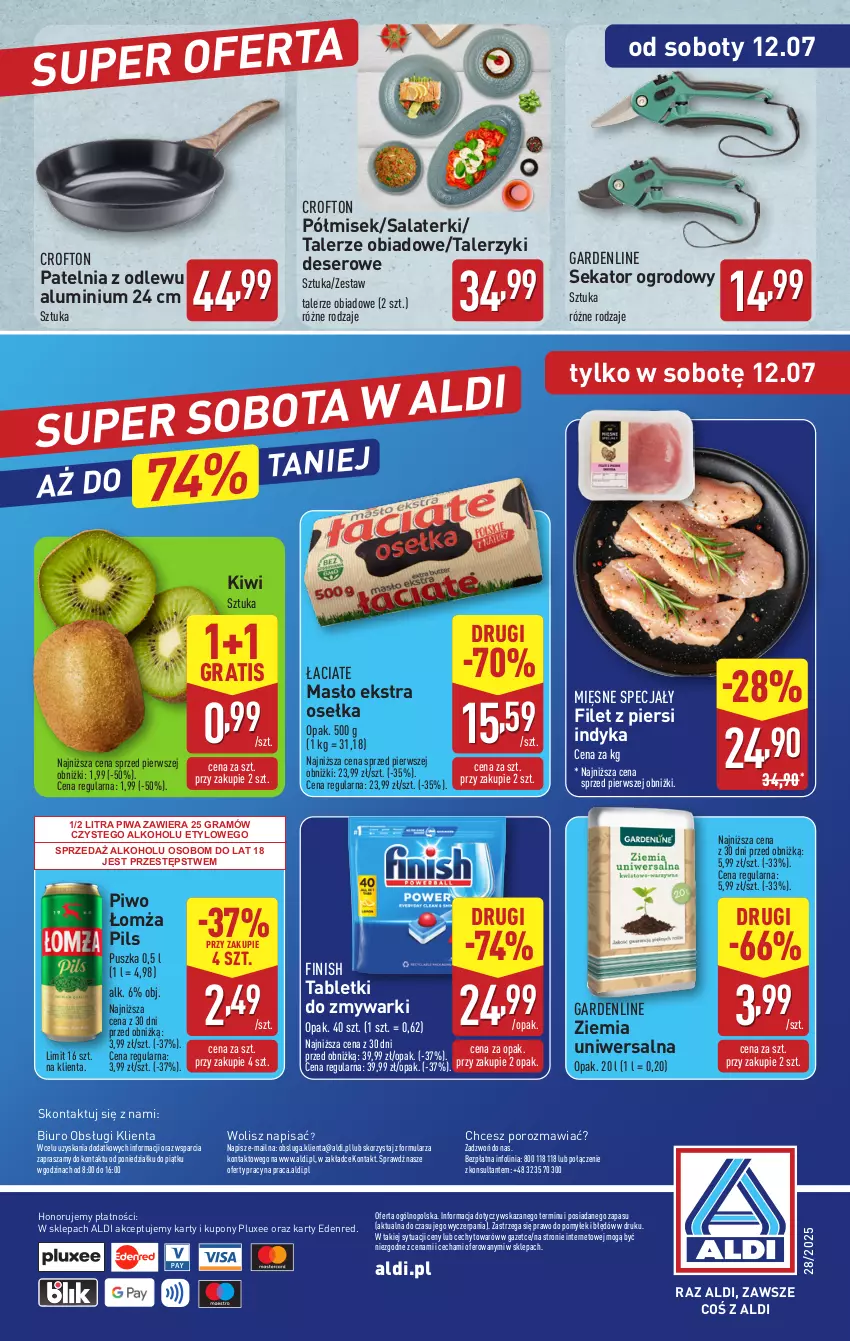 Gazetka promocyjna Aldi - Pełna oferta - ważna 07.07 do 12.07.2025 - strona 40 - produkty: Biuro, Deser, Filet z piersi indyka, Finish, Gra, Kiwi, Masło, Mięsne specjały, O nas, Patelnia, Piwa, Piwo, Por, Sekator, Ser, Tablet, Tabletki do zmywarki, Talerz, Talerzyk, Zmywarki