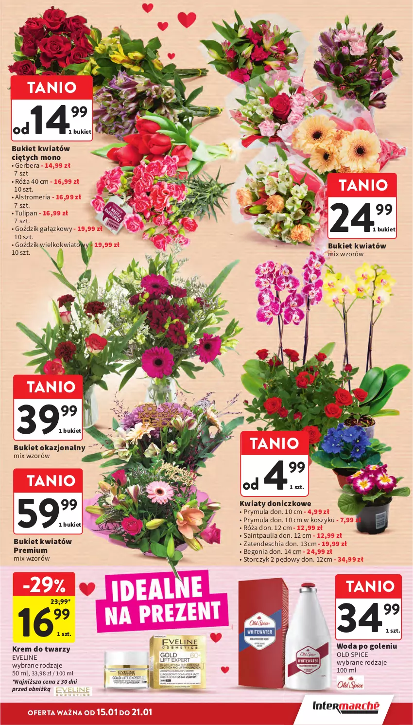 Gazetka promocyjna Intermarche - Gazetka promocyjna - ważna 15.01 do 21.01.2026 - strona 13 - produkty: Bukiet, Chia, Eveline, Gerber, Kosz, Krem do twarzy, Old Spice, Prymula, Róża, Storczyk, Tulipan, Woda, Woda po goleniu