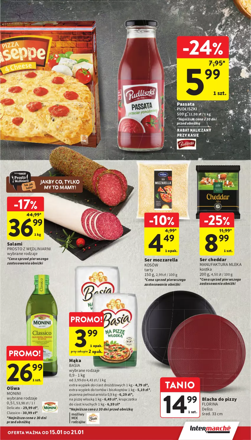 Gazetka promocyjna Intermarche - Gazetka promocyjna - ważna 15.01 do 21.01.2026 - strona 31 - produkty: Basia, Cheddar, Deliss, Fa, Mąka, Monini, Mozzarella, Oliwa, Pudliszki, Salami, Ser