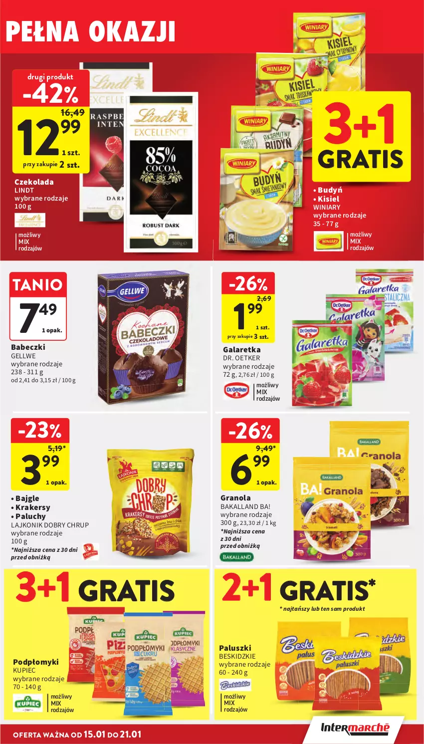 Gazetka promocyjna Intermarche - Gazetka promocyjna - ważna 15.01 do 21.01.2026 - strona 35 - produkty: Ba!, Babeczki, Bajgle, Bakalland, Beskidzki, Budyń, Czekolada, Dr. Oetker, Gala, Galaretka, Gra, Granola, Kisiel, Krakersy, Kupiec, Lajkonik, Lindt, Piec, Winiary