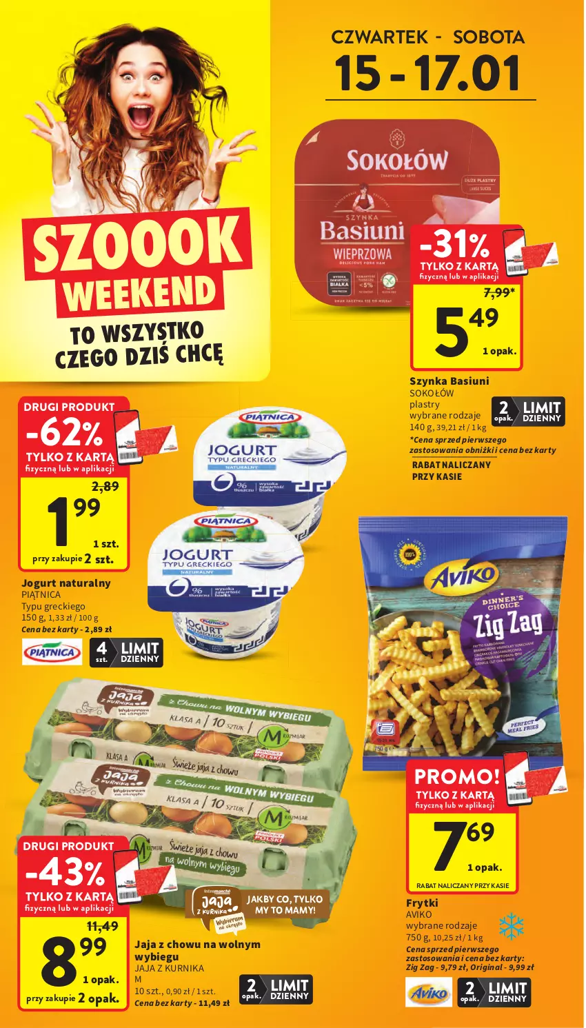Gazetka promocyjna Intermarche - Gazetka promocyjna - ważna 15.01 do 21.01.2026 - strona 4 - produkty: Frytki, Gin, Jaja, Jogurt, Jogurt naturalny, Piątnica, Sok, Sokołów, Szynka