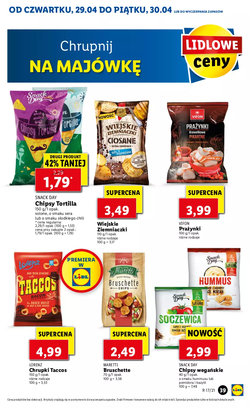 Gazetka promocyjna Lidl - GAZETKA - ważna 29.04 do 30.04.2021 - strona 39 - produkty: Bazyl, Bruschette, Chipsy, Chrupki, Hummus, Lorenz, Mus, Ser, Tortilla