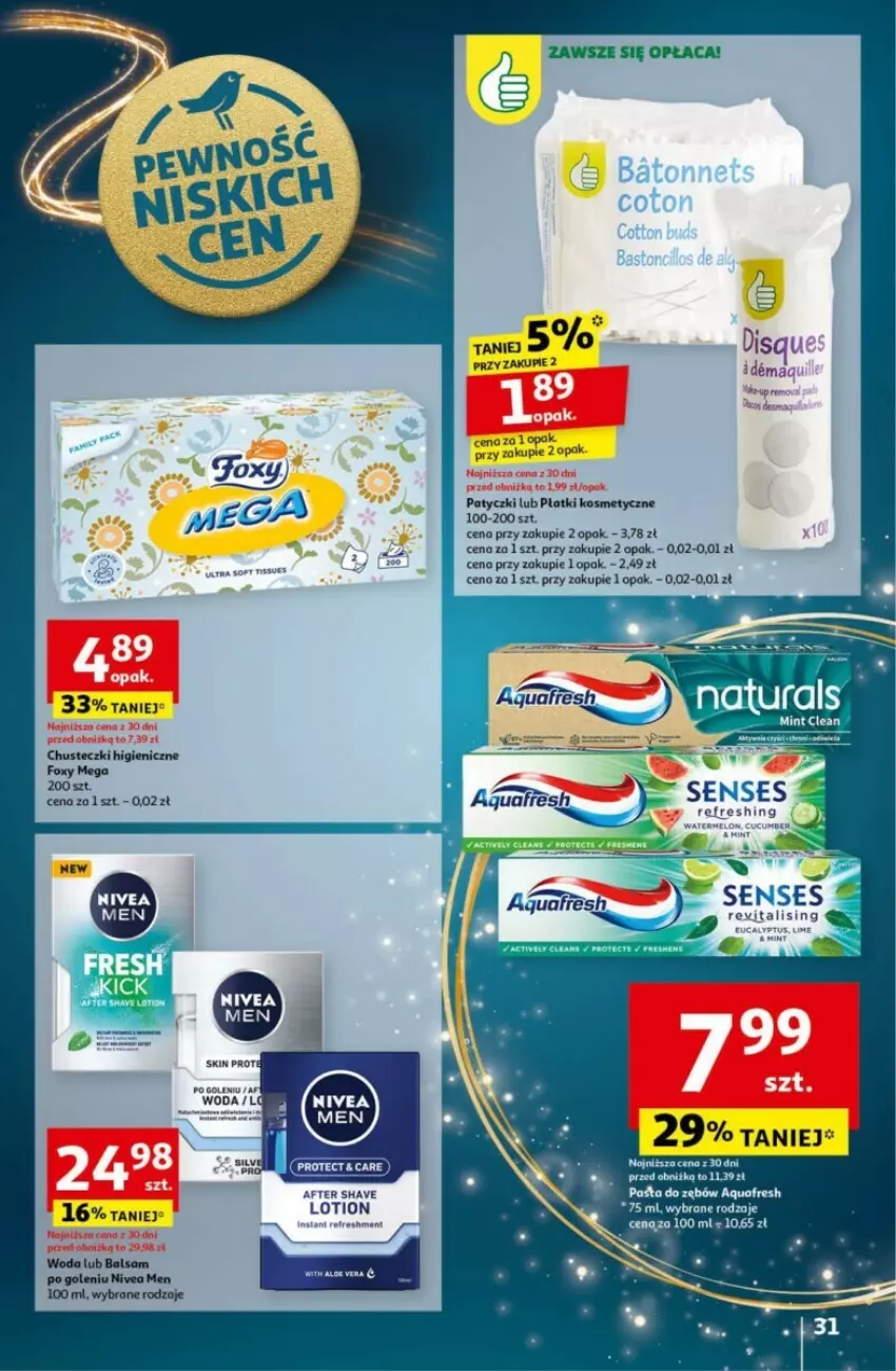 Gazetka promocyjna Auchan - ważna 12.12 do 18.12.2024 - strona 27 - produkty: Aquafresh, Balsam po goleniu, Chusteczki, Foxy, Nivea, Nivea Men, Pasta do zębów, Płatki kosmetyczne, Senses, Woda