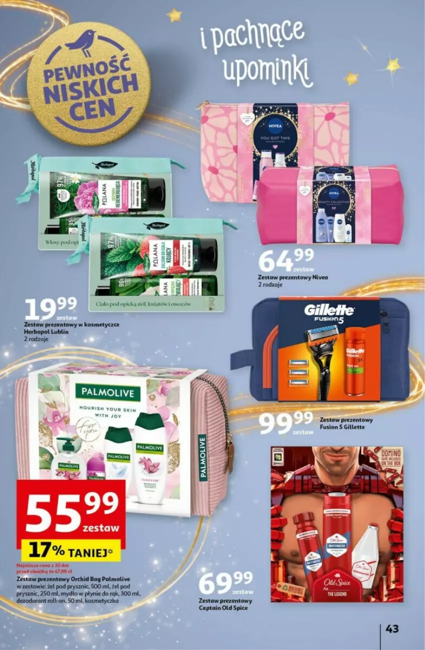 Gazetka promocyjna Auchan - ważna 12.12 do 18.12.2024 - strona 47 - produkty: Dezodorant, Fusion, Gillette, Herbapol, Kosmetyczka, Mydło, Mydło w płynie, Nivea, Old Spice, Palmolive, Zestaw prezentowy