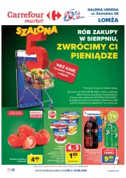 Gazetka promocyjna Carrefour - Gazetka Szalona 5 Market Łomża - Gazetka - ważna od 13.08 do 13.08.2022 - strona 1 - produkty: 7up, Inka, Pepsi max, Bell, Szal, Mirinda, Kosz, Pepsi, Napój gazowany, Bella, Jogobella, Napój, Olej, Pomidory