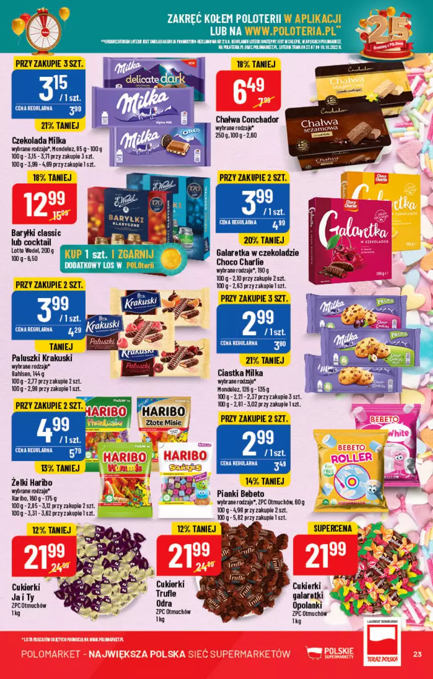 Gazetka promocyjna PoloMarket - Gazetka pomocyjna - ważna 27.07 do 02.08.2022 - strona 23 - produkty: Baryłki, Ciastka, Cukier, Cukierki, Czekolada, Gala, Galaretka, Galaretki, Haribo, Krakus, Krakuski, Lanki, Milka, Pur