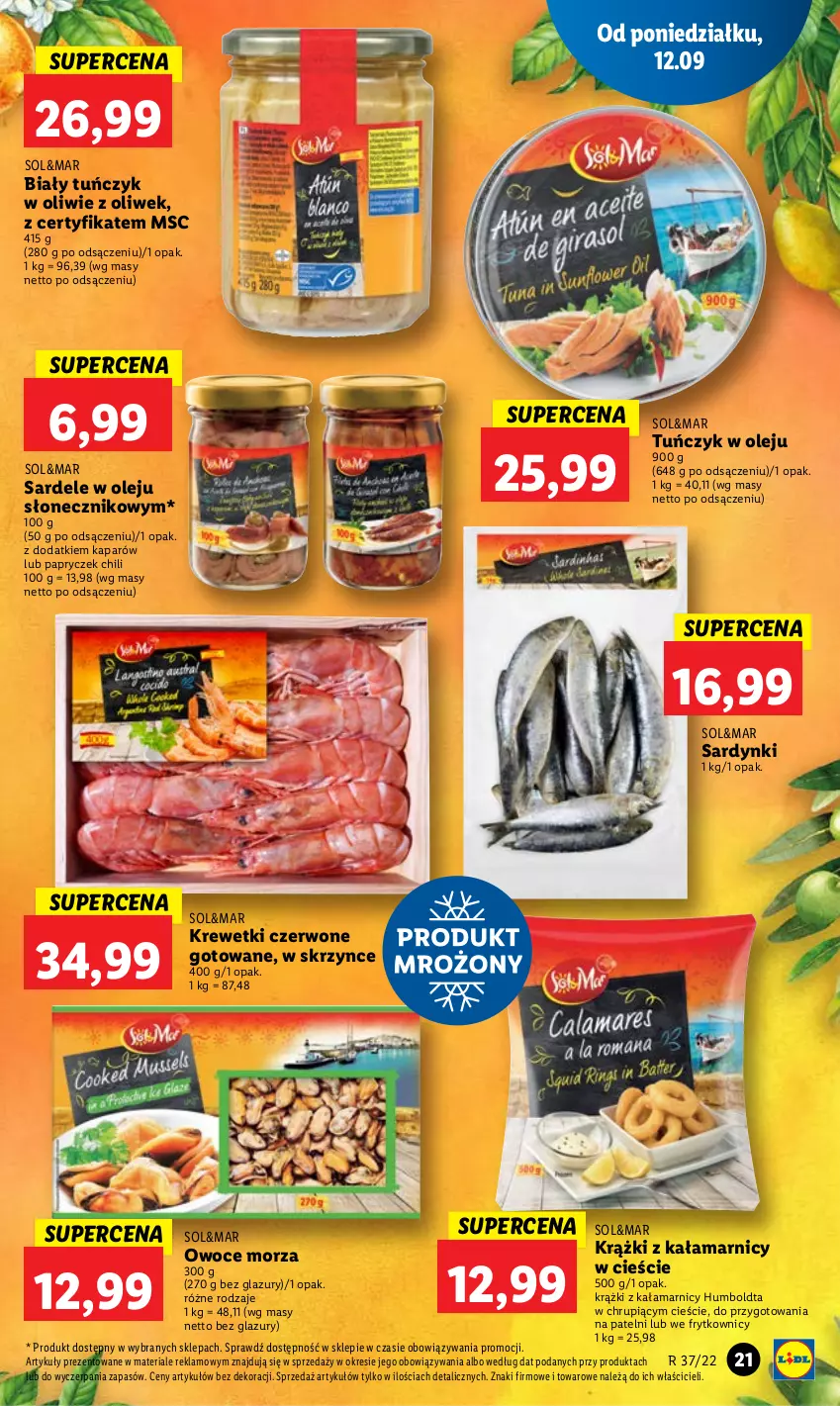 Gazetka promocyjna Lidl - GAZETKA - ważna 12.09 do 14.09.2022 - strona 23 - produkty: Krewetki, Lazur, Olej, Owoce, Owoce morza, Sardynki, Tuńczyk