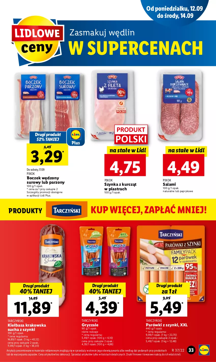 Gazetka promocyjna Lidl - GAZETKA - ważna 12.09 do 14.09.2022 - strona 35 - produkty: Boczek, Gry, Kiełbasa, Kiełbasa krakowska, Parówki, Parówki z szynki, PIKOK, Salami, Szynka, Tarczyński