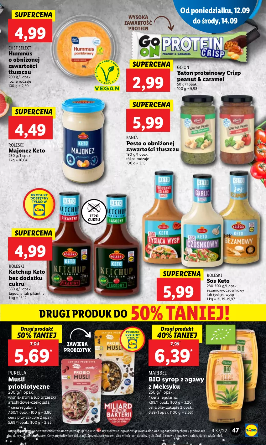 Gazetka promocyjna Lidl - GAZETKA - ważna 12.09 do 14.09.2022 - strona 49 - produkty: Aronia, Baton, Czekolada, Hummus, Ketchup, Majonez, Mus, Orzeszki, Pesto, Probiotyk, Pur, Sezam, Sok, Sos, Syrop