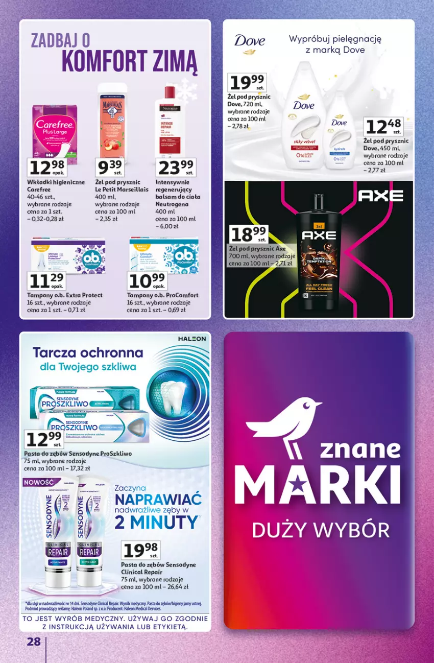 Gazetka promocyjna Auchan - Znane Marki duży wybór Hipermarket - ważna 04.12 do 14.12.2025 - strona 28 - produkty: Balsam do ciała, Carefree, Clin, Dove, Leon, LG, Mars, Neutrogena, Nuty, O.B., Pasta do zębów, Sensodyne, Tampony, Wkładki