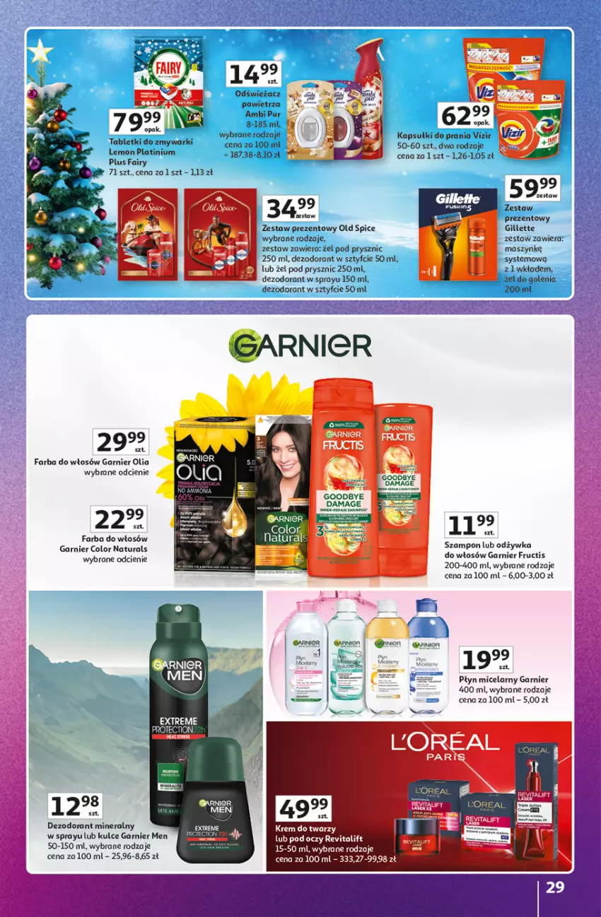 Gazetka promocyjna Auchan - Znane Marki duży wybór Hipermarket - ważna 04.12 do 14.12.2025 - strona 29 - produkty: Ambi Pur, Dezodorant, Fa, Fairy, Farba do włosów, Fructis, Garnier, Gillette, Kapsułki do prania, Odświeżacz powietrza, Odżywka, Old Spice, Płyn micelarny, Pur, Szampon, Tablet, Tabletki do zmywarki, Vizir, Zestaw prezentowy, Zmywarki