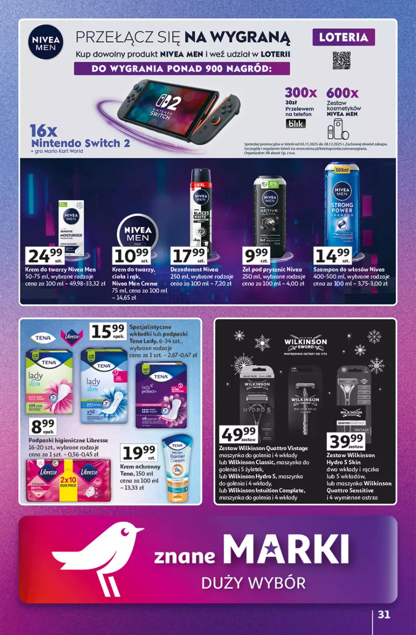 Gazetka promocyjna Auchan - Znane Marki duży wybór Hipermarket - ważna 04.12 do 14.12.2025 - strona 31 - produkty: Dezodorant, Gra, Krem do twarzy, Maszynka, Maszynka do golenia, Nivea, Nivea Men, Podpaski, Szampon, Szynka, Telefon, Tera, Wkładki