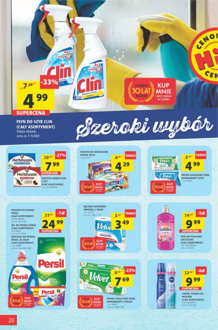 Gazetka promocyjna Arhelan - Gazetka - ważna 22.10 do 31.10.2021 - strona 20 - produkty: Chusteczki, Clin, Coccolino, Fa, Gin, Kapsułki do prania, Lakier, Papier, Papier toaletowy, Persil, Pianka do włosów, Płyn do płukania, Płyn do szyb, Proszek do prania, Pur, Ręcznik, Rolki, Rum, Saga, Tablet, Velvet, Zdrowie