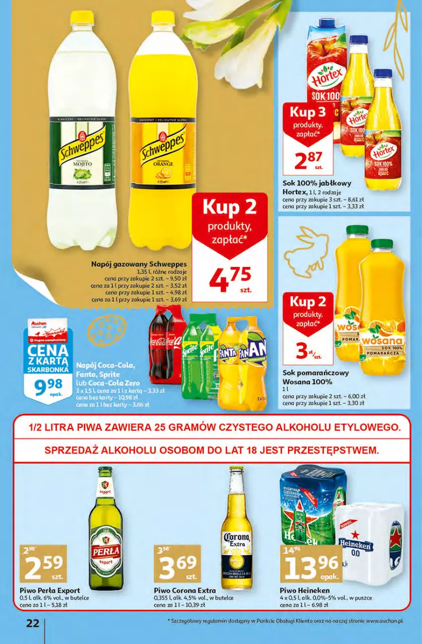 Gazetka promocyjna Auchan - przeNISKIE CENY Targi Wielkanocne Hipermarkety - ważna 31.03 do 06.04.2022 - strona 22 - produkty: Corona Extra, Gra, Heineken, Hortex, Napój, Napój gazowany, Perła, Piwa, Piwo, Por, Schweppes, Sok, Sok pomarańczowy, Wosana