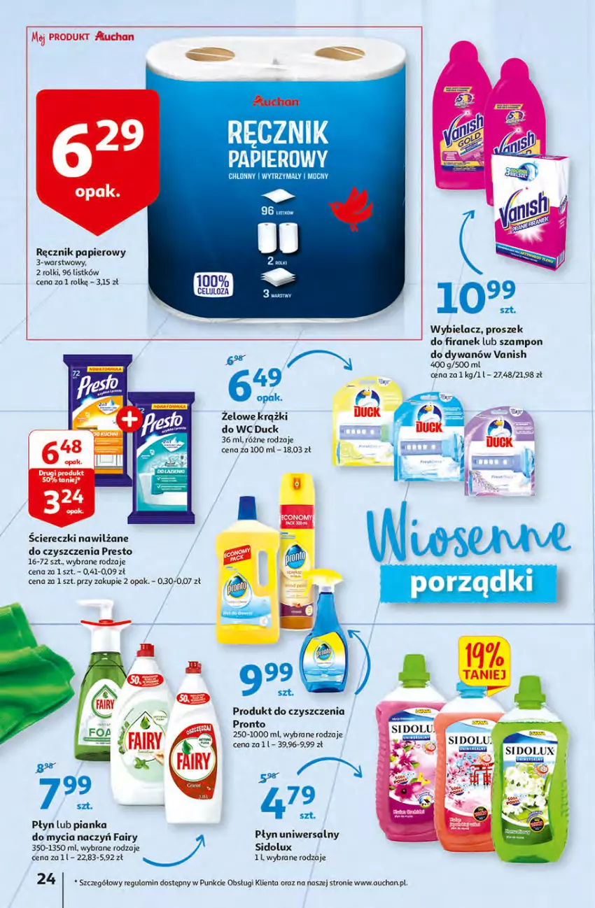 Gazetka promocyjna Auchan - przeNISKIE CENY Targi Wielkanocne Hipermarkety - ważna 31.03 do 06.04.2022 - strona 24 - produkty: Do mycia naczyń, Dywan, Fa, Fairy, Papier, Presto, Pronto, Ręcznik, Rolki, Sidolux, Szampon, Vanish