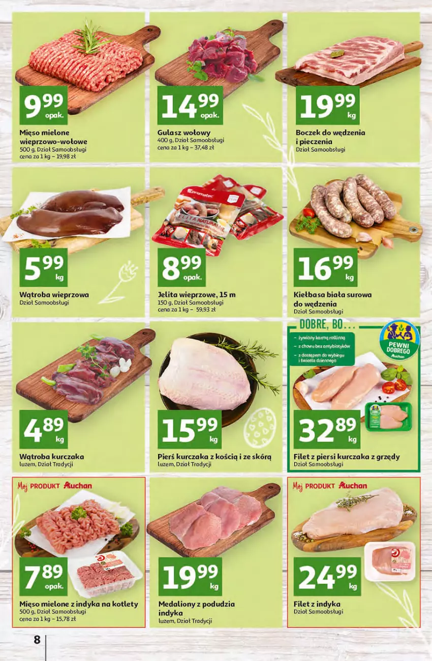 Gazetka promocyjna Auchan - przeNISKIE CENY Targi Wielkanocne Hipermarkety - ważna 31.03 do 06.04.2022 - strona 8 - produkty: Boczek, Filet z piersi kurczaka, Gulasz wołowy, Kiełbasa, Kiełbasa biała, Kotlet, Kurczak, Lion, Mięso, Mięso mielone, Piec