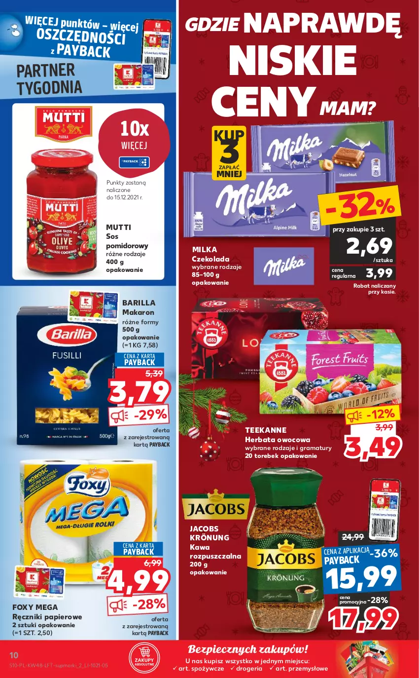 Gazetka promocyjna Kaufland - OFERTA TYGODNIA - ważna 02.12 do 08.12.2021 - strona 10 - produkty: Barilla, Czekolada, Foxy, Gra, Herbata, Herbata owocowa, Jacobs, Jacobs Krönung, Kawa, Kawa rozpuszczalna, Makaron, Milka, Papier, Piec, Rama, Ręcznik, Ręczniki papierowe, Sos, Sos pomidorowy, Teekanne