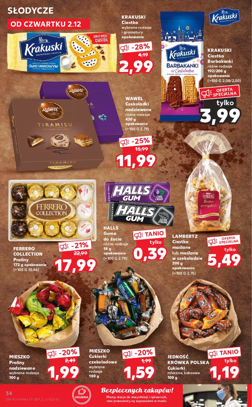 Gazetka promocyjna Kaufland - OFERTA TYGODNIA - ważna 02.12 do 08.12.2021 - strona 34 - produkty: Ciastka, Cukier, Cukierki, Cukierki czekoladowe, Ferrero, Gra, Guma do żucia, Halls, Kakao, Krakus, Krakuski, Piec, Praliny, Rama, Wawel