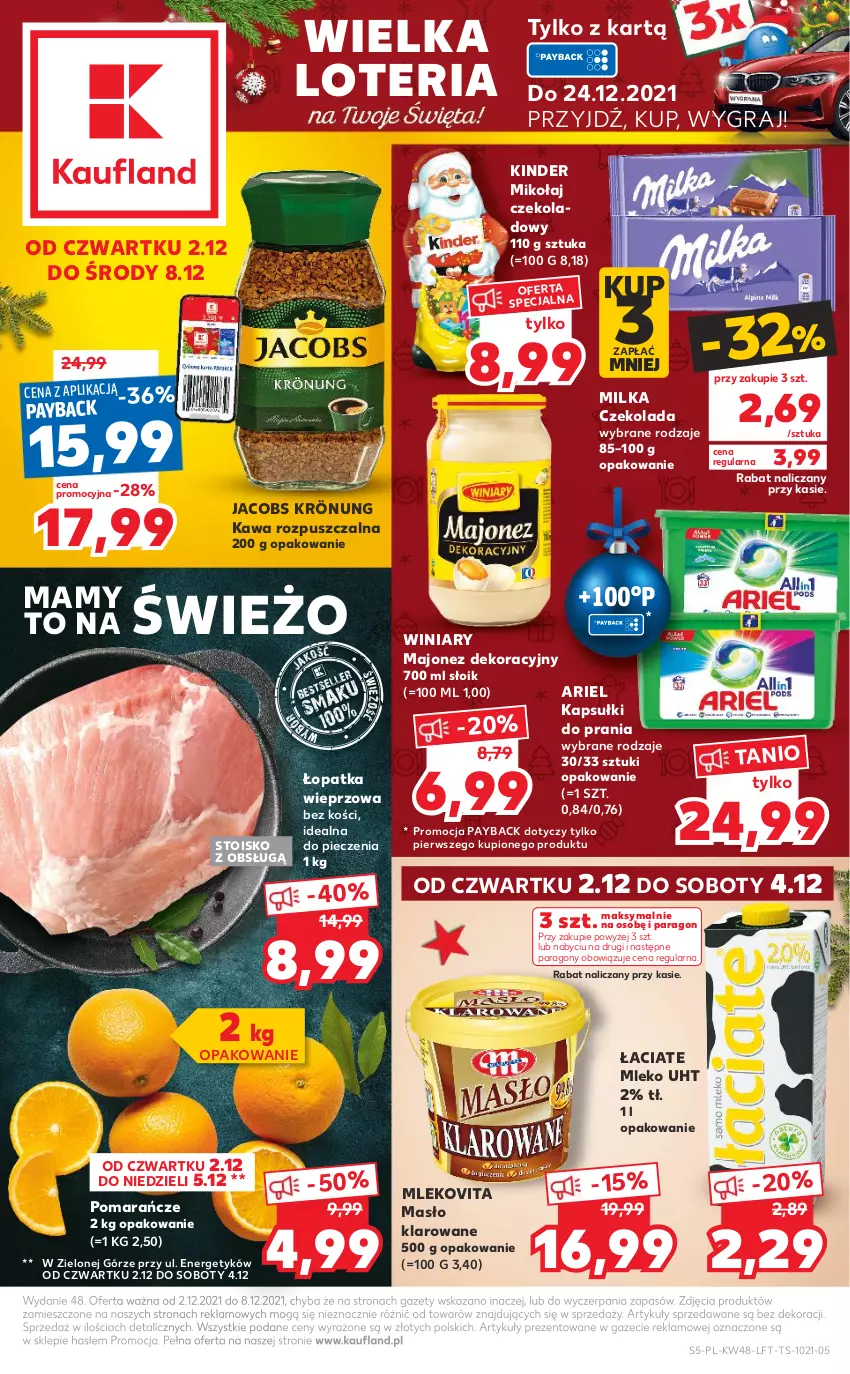 Gazetka promocyjna Kaufland - OFERTA TYGODNIA - ważna 02.12 do 08.12.2021 - strona 5 - produkty: Ariel, Czekolada, Gra, Jacobs, Jacobs Krönung, Kapsułki do prania, Kawa, Kawa rozpuszczalna, Kinder, Majonez, Masło, Masło klarowane, Milka, Mleko, Mlekovita, Piec, Pomarańcze, Winiary