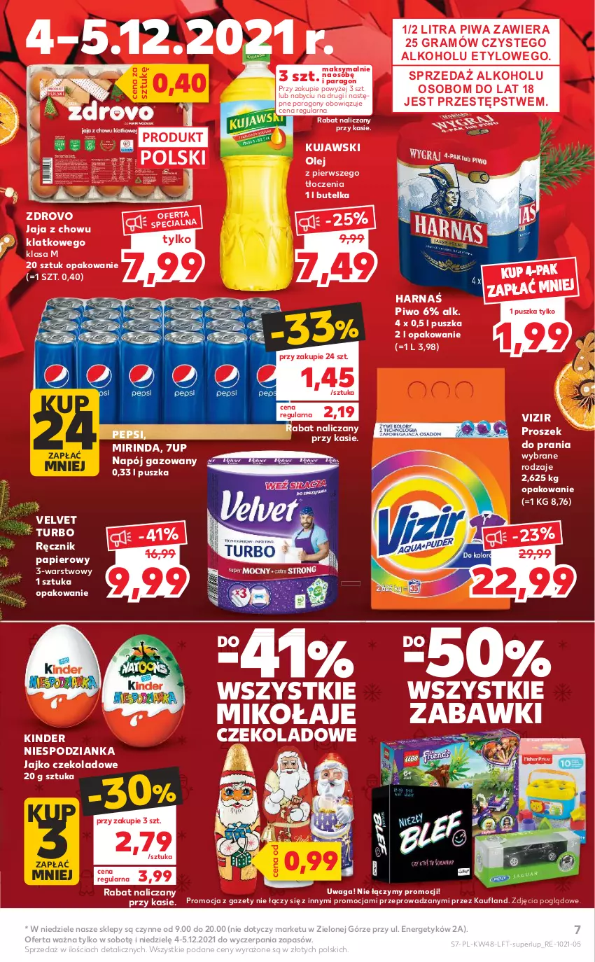 Gazetka promocyjna Kaufland - OFERTA TYGODNIA - ważna 02.12 do 08.12.2021 - strona 7 - produkty: 7up, Gra, Harnaś, Jaja, Kinder, Kujawski, Mirinda, Napój, Napój gazowany, Olej, Papier, Pepsi, Piwa, Piwo, Proszek do prania, Ręcznik, Velvet, Vizir, Waga