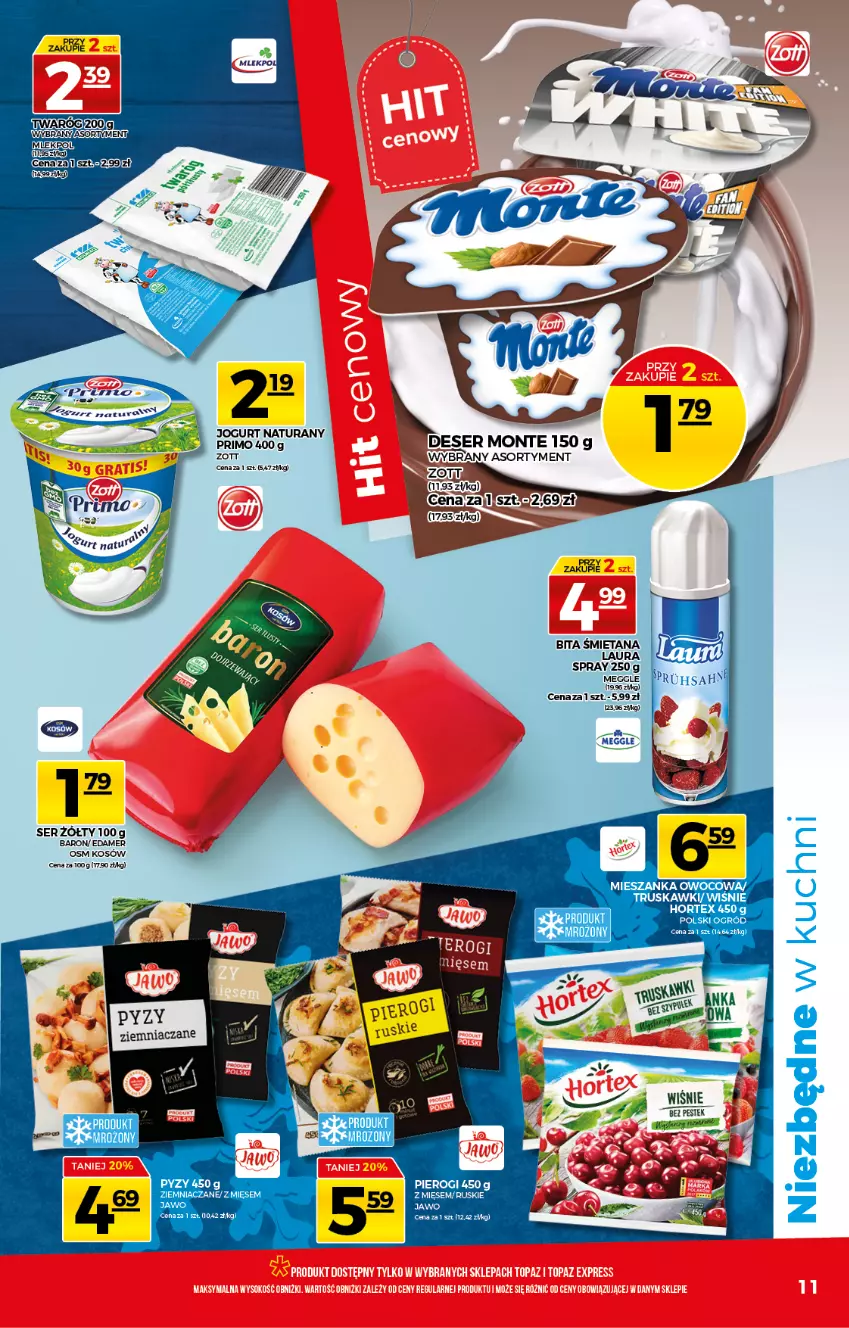 Gazetka promocyjna Topaz - Gazetka - ważna 27.05 do 02.06.2021 - strona 11 - produkty: Deser, Edam, Hortex, Jogurt, Laur, Monte, Ogród, Pierogi, Ser, Stek, Truskawki, Wisnie, Zott