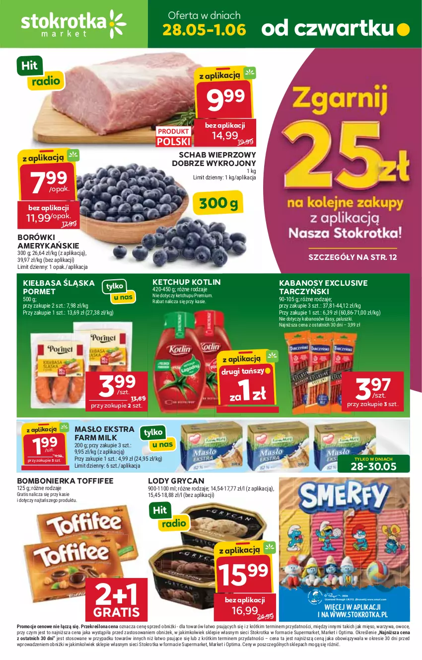 Gazetka promocyjna Stokrotka - Market - ważna 28.05 do 01.06.2026 - strona 1 - produkty: Fa, Farm Milk, Gra, Gry, Kabanos, Ketchup, Kiełbasa, Kiełbasa śląska, Kotlin, Lody, Masło, Mięso, Optima, Owoce, Por, Schab wieprzowy, Tarczyński, Toffifee, Warzywa