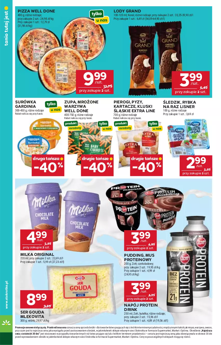 Gazetka promocyjna Stokrotka - Market - ważna 28.05 do 01.06.2026 - strona 16 - produkty: Gin, Gouda, Gra, Lisner, Lody, Mięso, Milka, Mleko, Mlekovita, Mus, Napój, Optima, Owoce, Pierogi, Pizza, Pudding, Rybka na raz, Ser, Surówka, Warzywa, Zott, Zupa