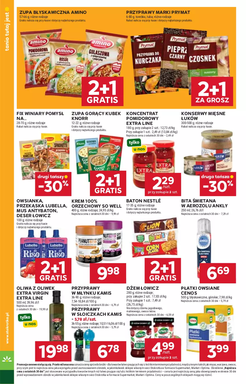 Gazetka promocyjna Stokrotka - Market - ważna 28.05 do 01.06.2026 - strona 18 - produkty: Baton, Bell, Bella, Cenos, Deser, Dżem, Gin, Gra, Kamis, Knorr, Koncentrat pomidorowy, Kubek, Lubella, Mięso, Mus, Nestlé, Oliwa, Oliwa z oliwek, Optima, Owoce, Owsianka, Płatki owsiane, Prymat, Przyprawy, Ser, Torebka, Warzywa, Winiary, Zupa