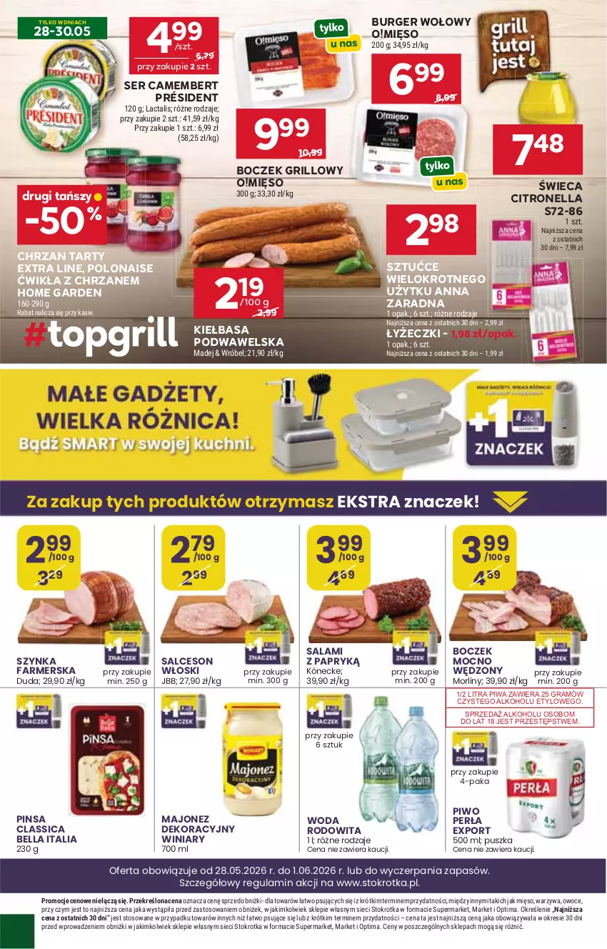 Gazetka promocyjna Stokrotka - Market - ważna 28.05 do 01.06.2026 - strona 28 - produkty: Bell, Bella, Boczek, Burger, Camembert, Chrzan, Fa, Gra, Grill, Kiełbasa, Kiełbasa podwawelska, Majonez, Mięso, Optima, Owoce, Piwa, Piwo, Por, Président, Salami, Salceson, Ser, Szynka, Szynka farmerska, Warzywa, Wawel, Winiary, Woda