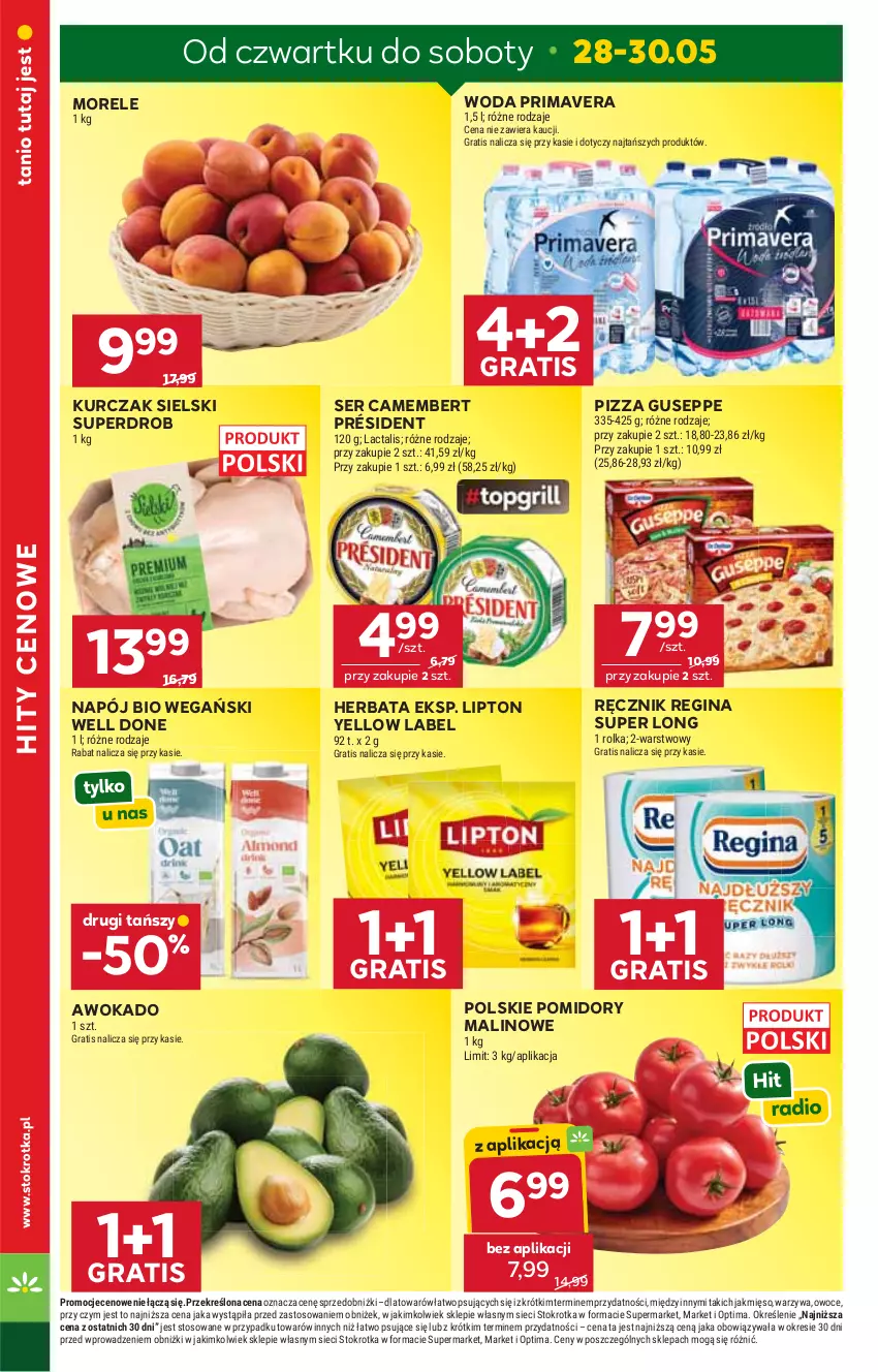 Gazetka promocyjna Stokrotka - Market - ważna 28.05 do 01.06.2026 - strona 4 - produkty: Camembert, Gin, Gra, Herbata, Kurczak, Lipton, Mięso, Napój, Optima, Owoce, Pizza, Pomidory, Président, Prima, Primavera, Ręcznik, Ser, Warzywa, Woda
