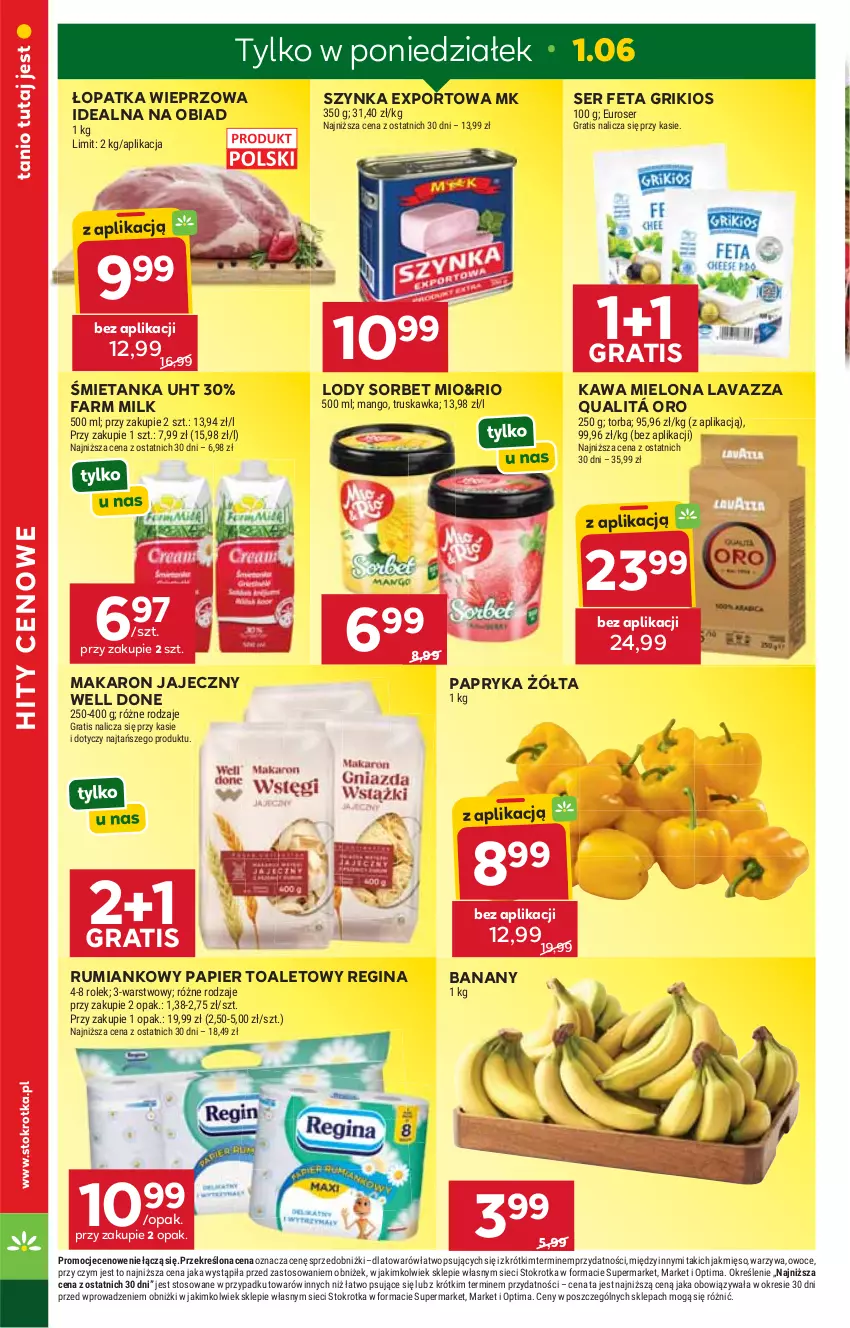 Gazetka promocyjna Stokrotka - Market - ważna 28.05 do 01.06.2026 - strona 6 - produkty: Banany, Fa, Farm Milk, Feta, Gin, Gra, Kawa, Kawa mielona, Lavazza, Lody, Makaron, Mango, Mięso, Optima, Owoce, Papier, Papier toaletowy, Papryka, Papryka żółta, Por, Rum, Ser, Szynka, Torba, Warzywa