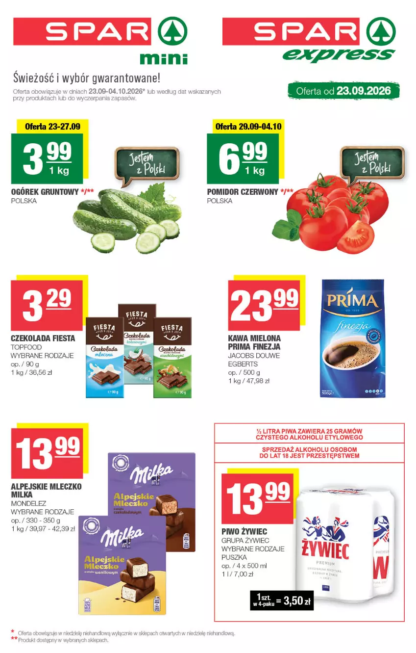 Gazetka promocyjna Spar - Spar-Mini - ważna 23.09 do 04.10.2026 - strona 1 - produkty: Czekolada, Gra, Grunt, Jacobs, Kawa, Kawa mielona, Milka, Mleczko, Ogórek, Piwa, Piwo, Prima, Top