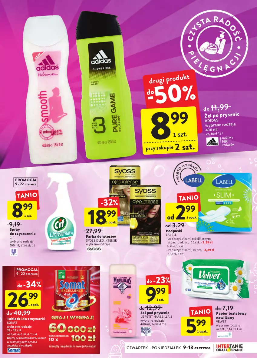 Gazetka promocyjna Intermarche - Okazjobranie - ważna 09.06 do 13.06.2022 - strona 33 - produkty: Adidas, Bell, Cif, Fa, Farba do włosów, Mars, Oleo, Papier, Papier toaletowy, Podpaski, Somat, Spray do czyszczenia, Syoss, Tablet, Tabletki do zmywarki, Velvet, Zmywarki